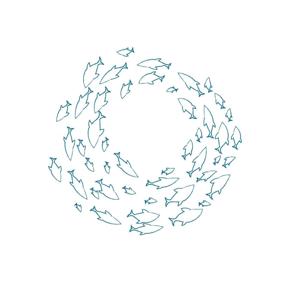 Aquatic fish school silhouette. Group of swimming fish creates a unique pattern. Underwater scene, chalk texture, ideal for marine projects or educational materials. vector