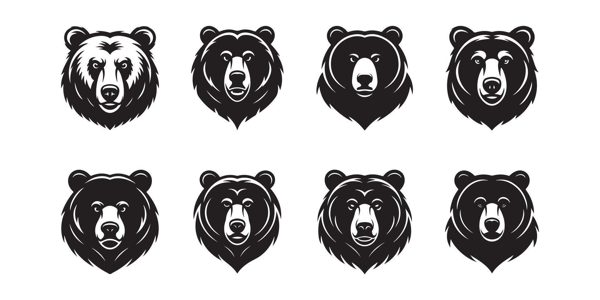 Bear face design set, isolated on white background, bear illustration. vector