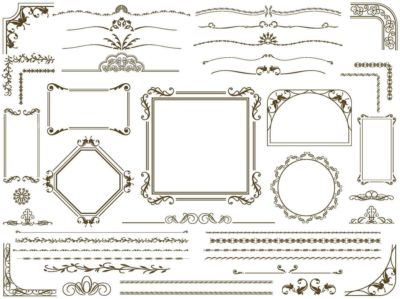 Monochrome Vintage Frames And Borders Illustration Set Isolated On A White Background. vector