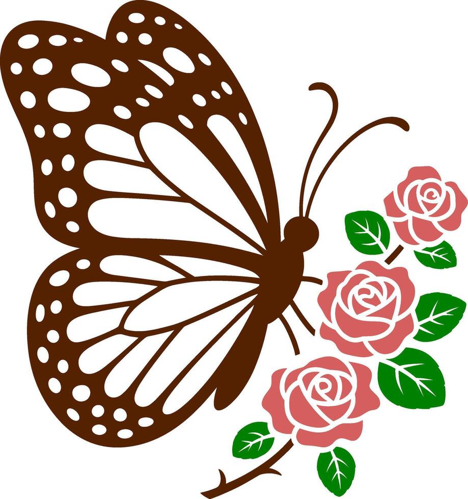Butterfly perched on rose branch with pink flowers vector