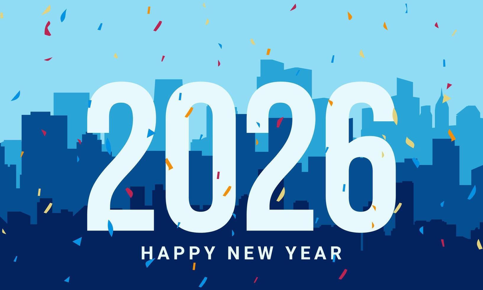 Happy New Year 2026 Background Design with Confetti Celebration and silhouette of city. vector