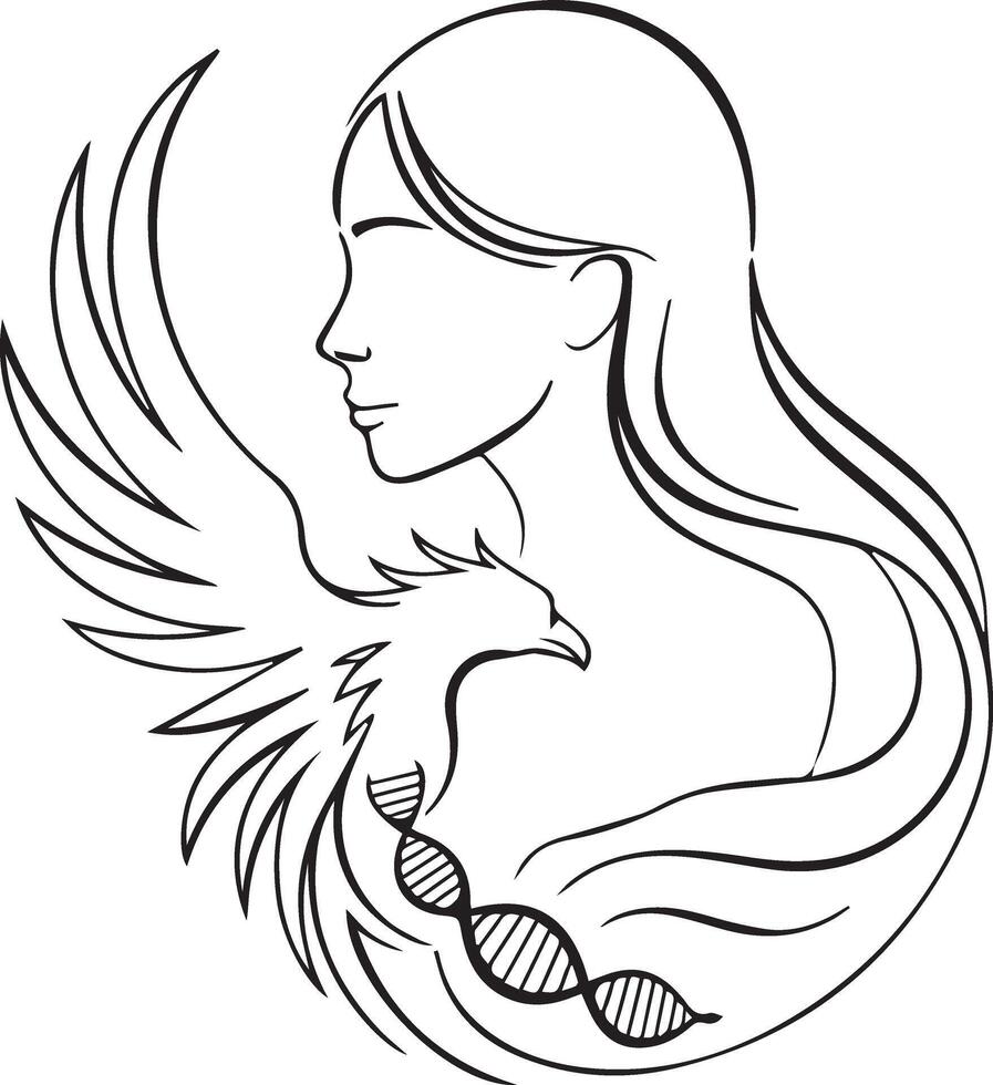 Line art design featuring a profile of a woman with long flowing hair intertwining with a stylized bird vector