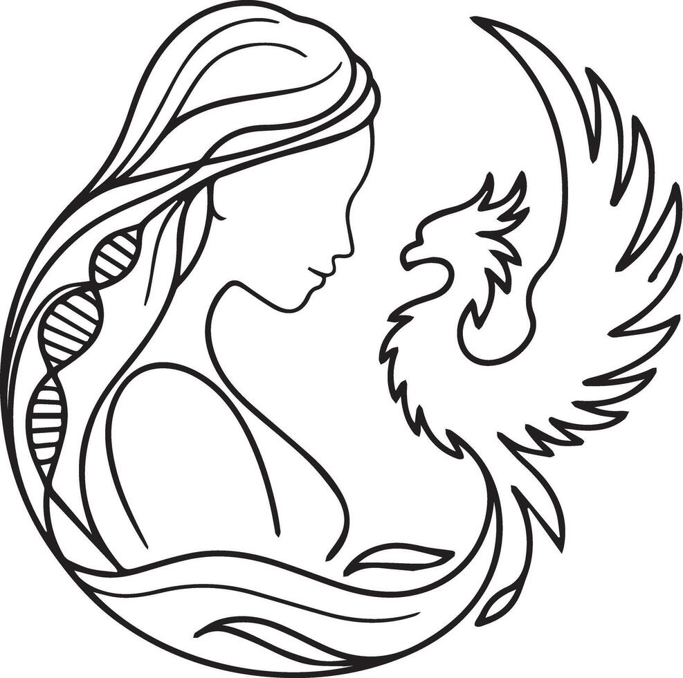 Line art design featuring a profile of a woman with long flowing hair intertwining. vector