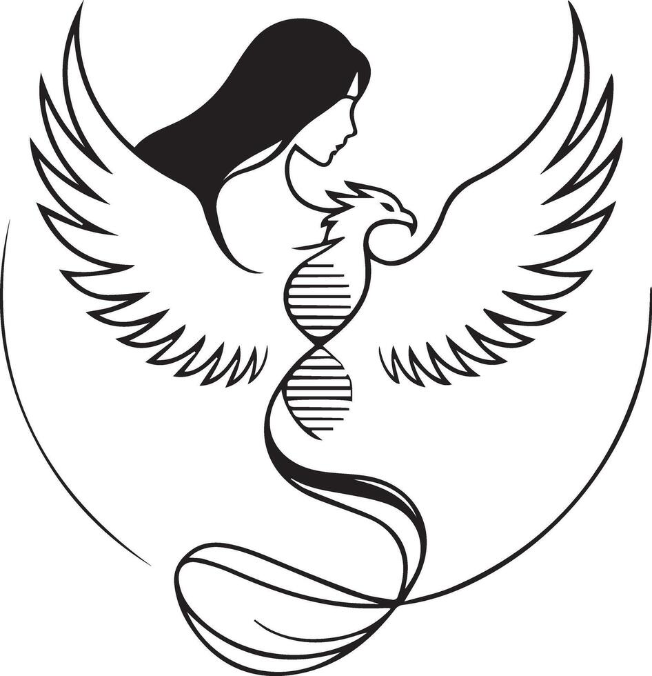 Line art design featuring a profile of a woman with long flowing hair intertwining with a bird vector