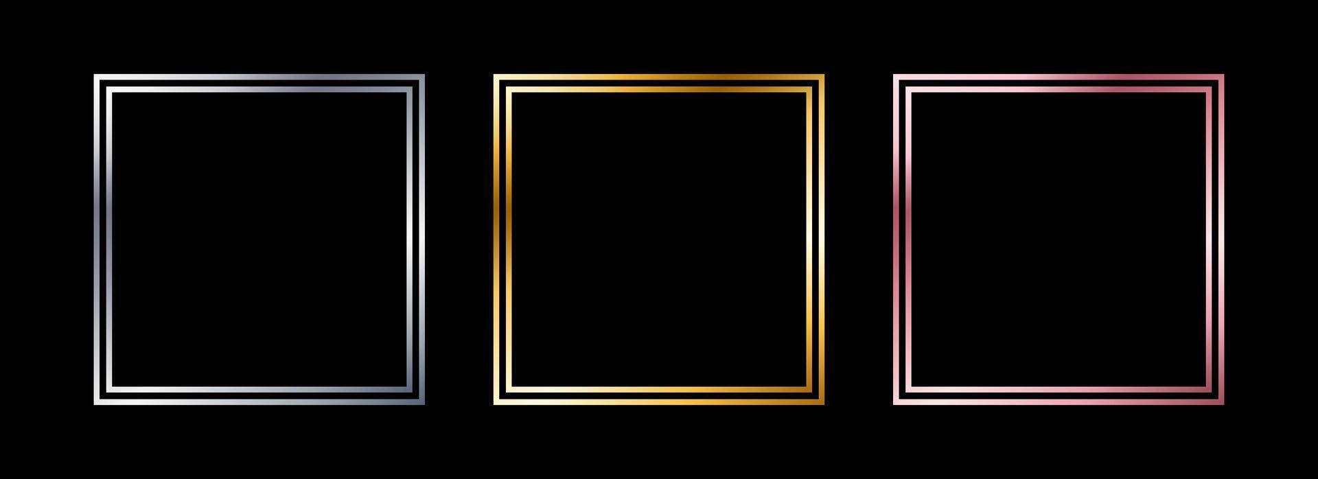 Golden and silver thin frame set. Shiny metal foil border collection. Gold glowing geometric boarder bundle in art deco style. Linear rectangular element pack for photo, cadre, card, emblem vector