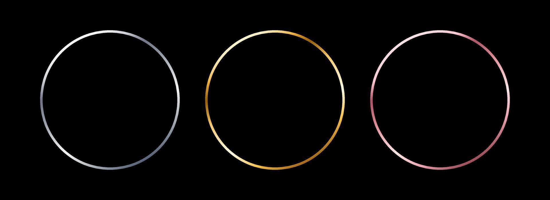 Gold and silver circle thin frame set. Shiny metal foil border collection. Golden glowing circle boarder bundle in art deco style. Linear round element pack for photo, cadre, card, emblem. vector
