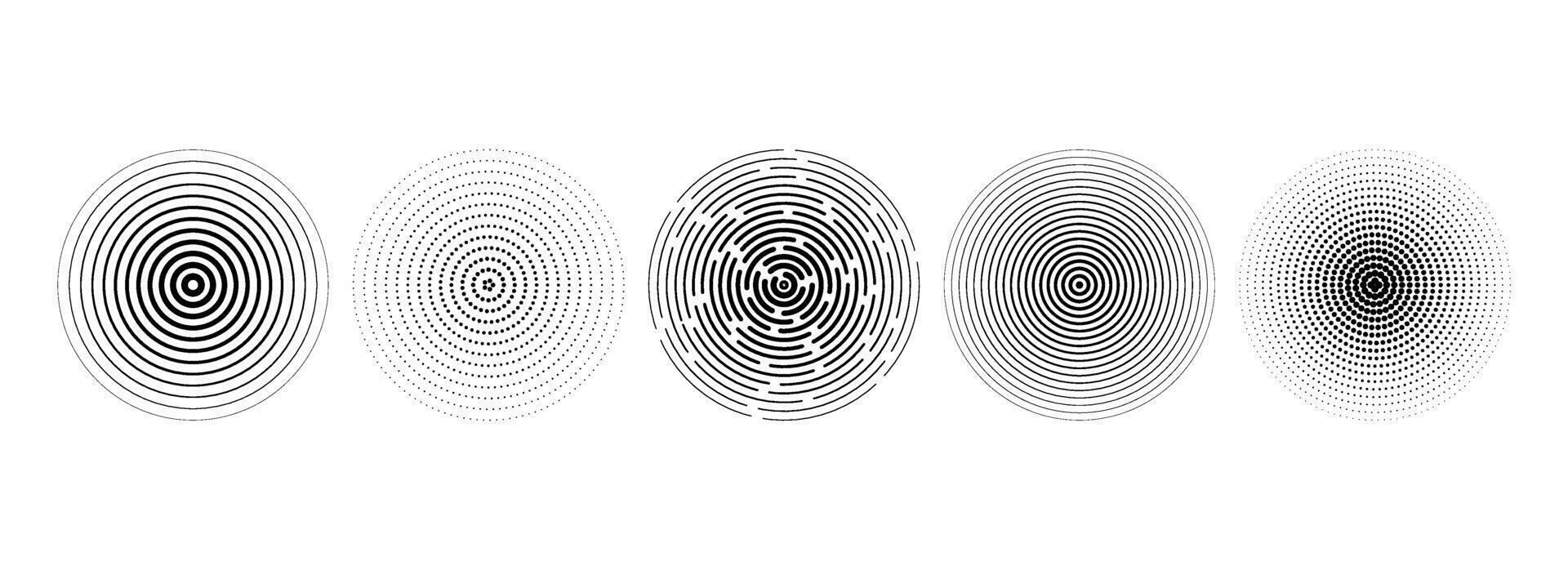 Black concentric circle set. Dotted and dashed round sound wave collection. Epicenter, target, radar, sonar icon concept. Radial radio signal or vibration element pack. Linear halftone symbols vector