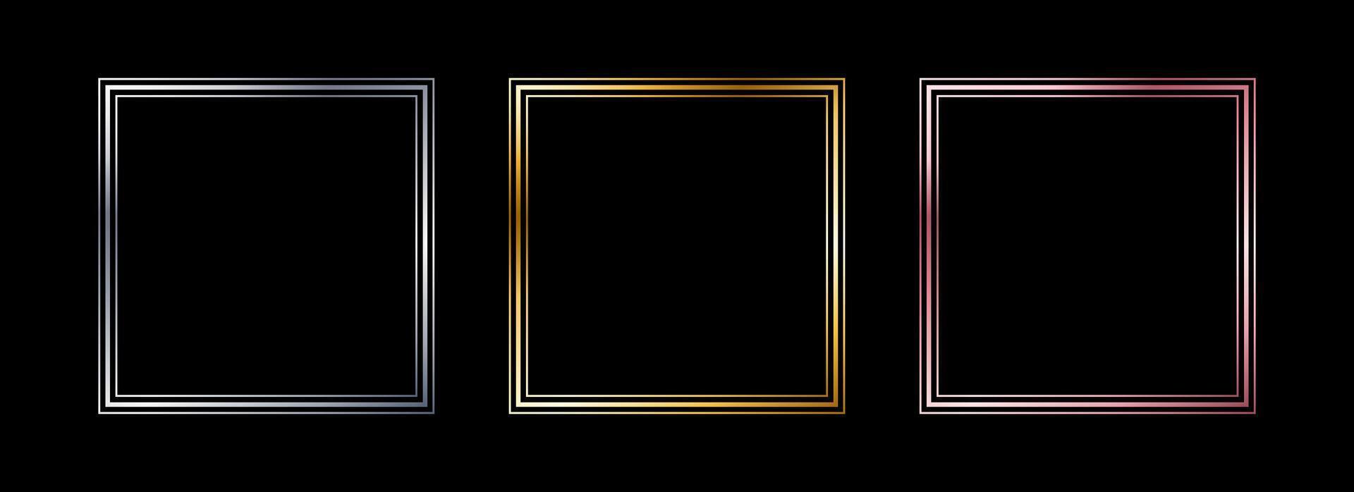 Metal thin square frame set. Shiny golden and silver foil border collection. Gold glowing geometric boarder bundle in art deco style. Rectangular element pack for photo, cadre, card, emblem vector