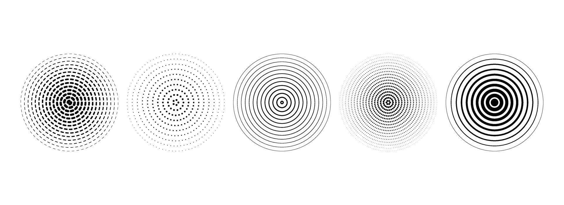 Black concentric circle collection. Dotted and dashed round sound wave set. Epicenter, target, radar, sonar icon concept. Radial radio signal or vibration elements. Linear halftone symbol pack vector