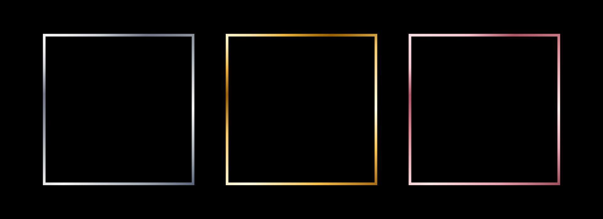 Gold and silver thin frame set. Shiny metal foil border collection. Golden glowing geometric boarder bundle in art deco style. Linear rectangular element pack for photo, cadre, card, emblem. vector