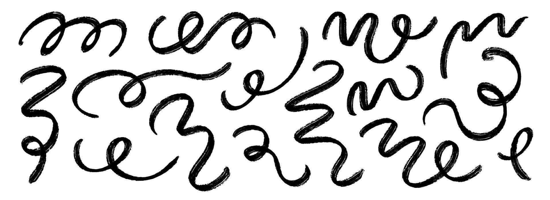 Black squiggle paint line set. Wiggly brush stroke collection. Charcoal curly flourish pack for highlight, underline, emphasis. Rough scribble swoosh stripes. Organic crayon chalk wavy strips vector