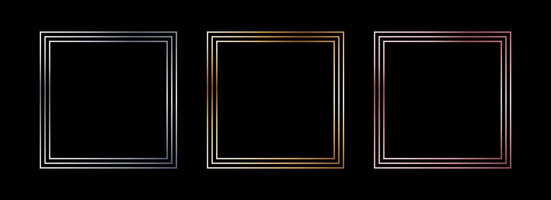 Metal thin frame set. Shiny golden and silver foil border collection. Gold glowing geometric boarder bundle in art deco style. Linear rectangular element pack for photo, cadre, card, emblem vector