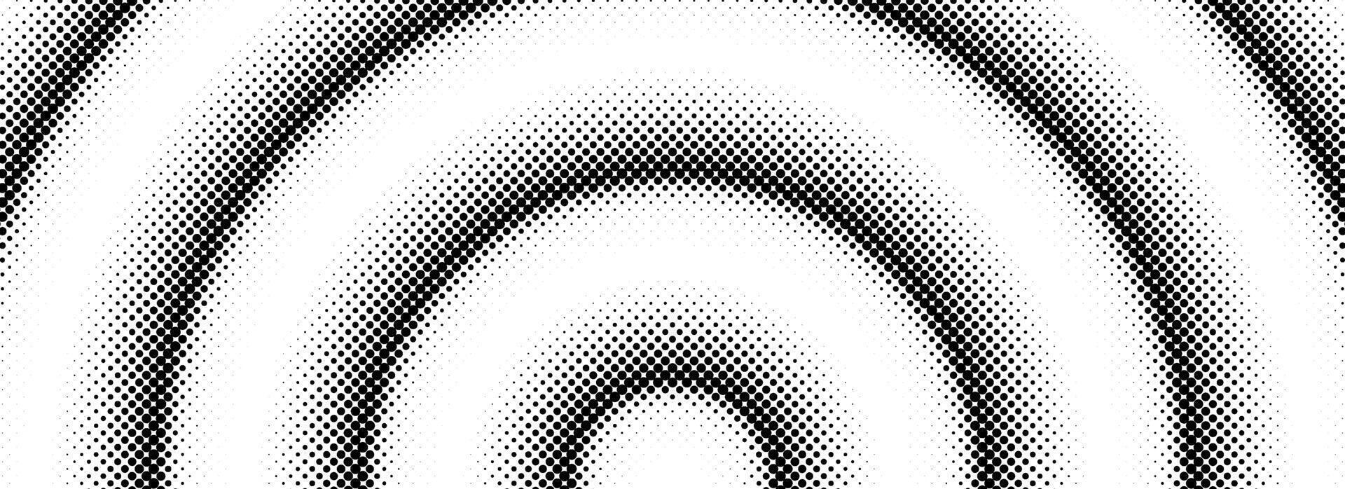 Halftone arch background. Radial comic semicircle wallpaper. Black and white dotted arc gradient. Fading rough dot hemisphere concept. Grungy pop art gradation vector