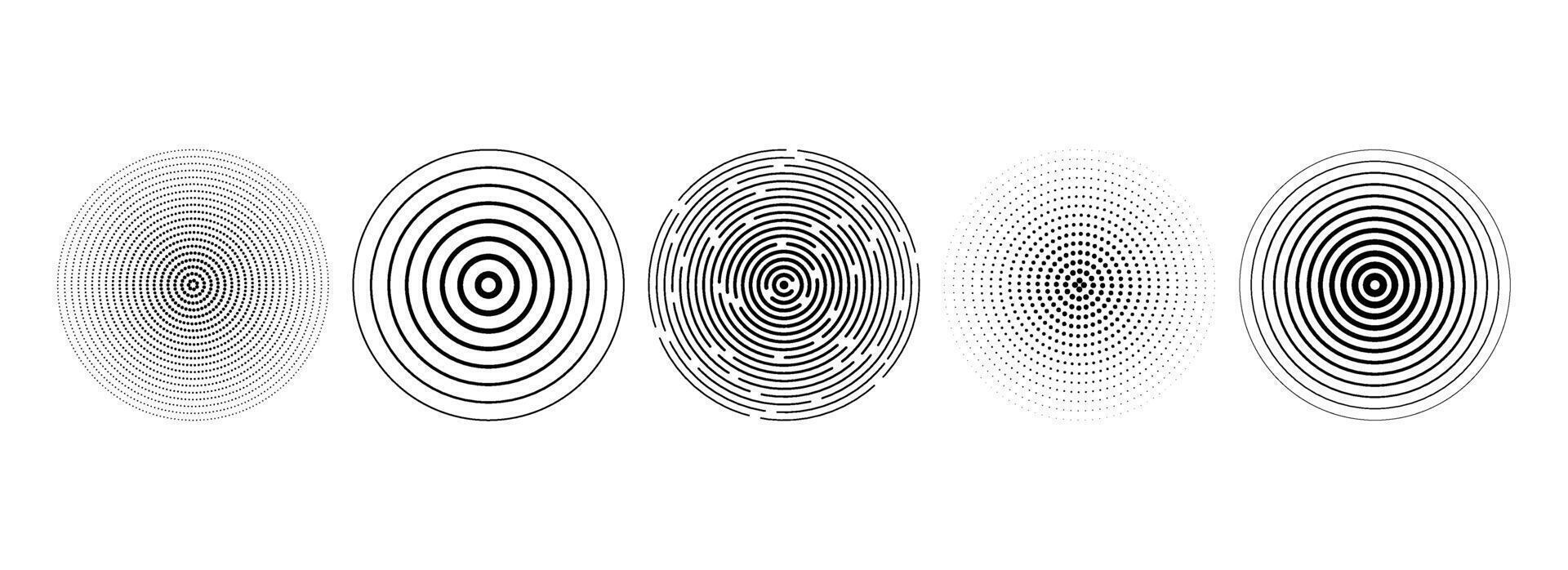 Black concentric circle set. Dotted and dashed round sound wave collection. Epicenter, target, radar, sonar icon concept. Radial radio signal or vibration elements. Linear halftone symbols vector