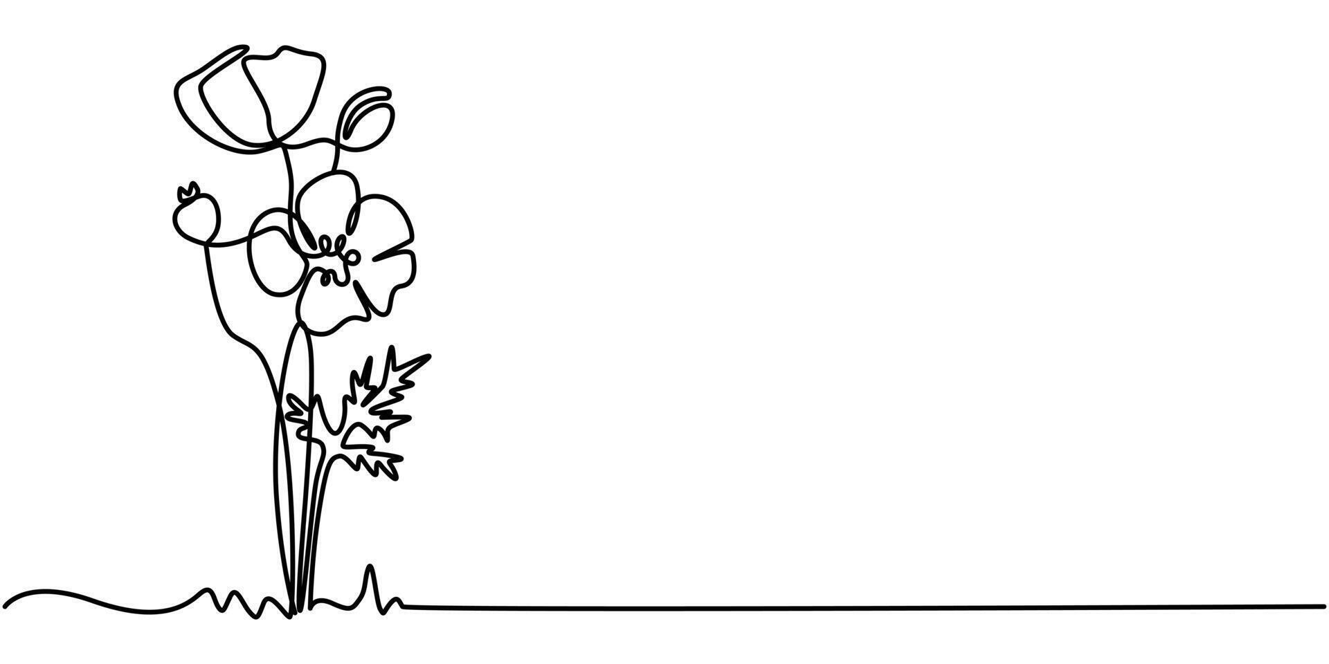 Poppy flowers in continuous one line art drawing style, Doodle floral border linear design isolated on white background. vector