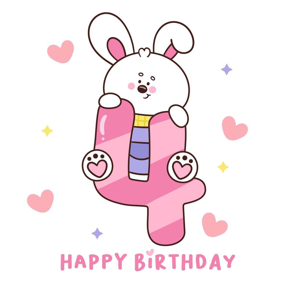 Cute bunny number 4 rabbit happy birthday party vector