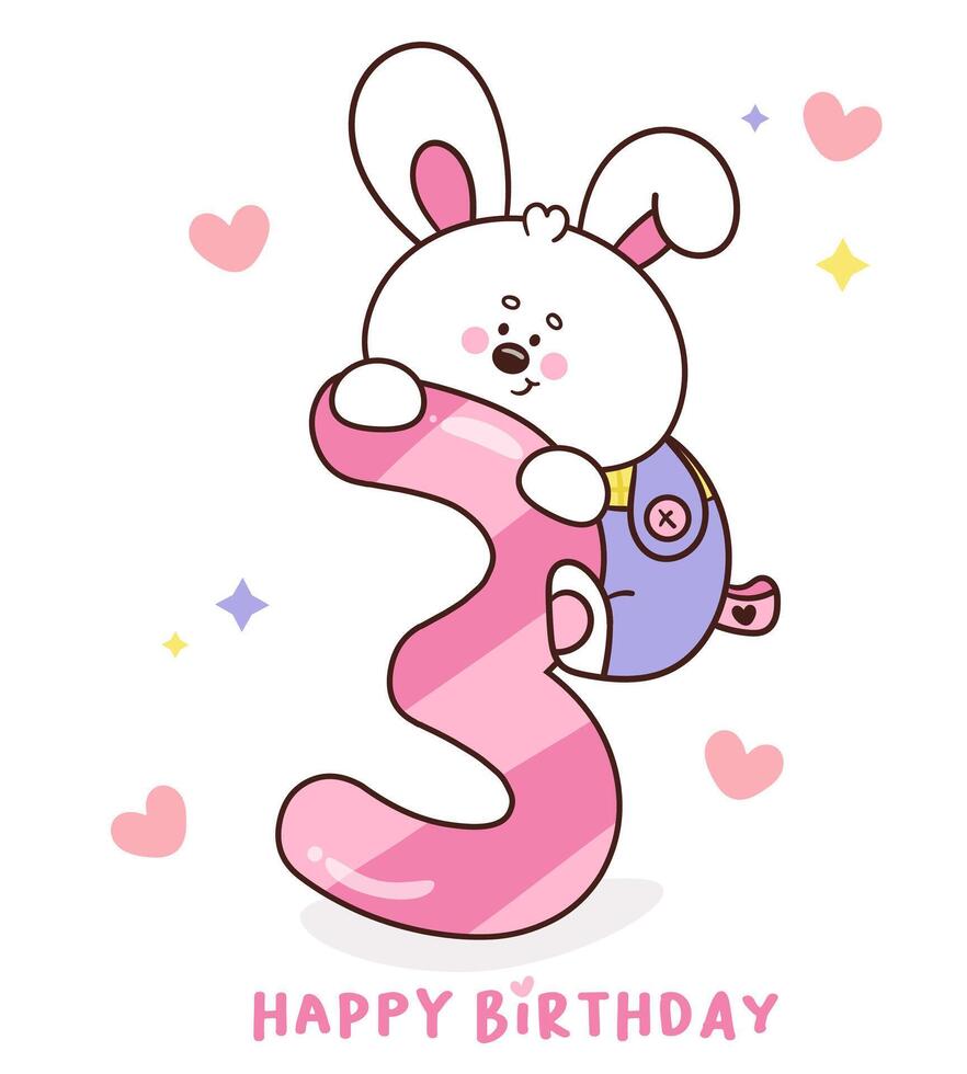 Cute bunny number 3 rabbit happy birthday party vector