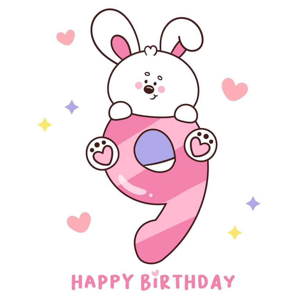 Cute bunny number 9 rabbit happy birthday party vector