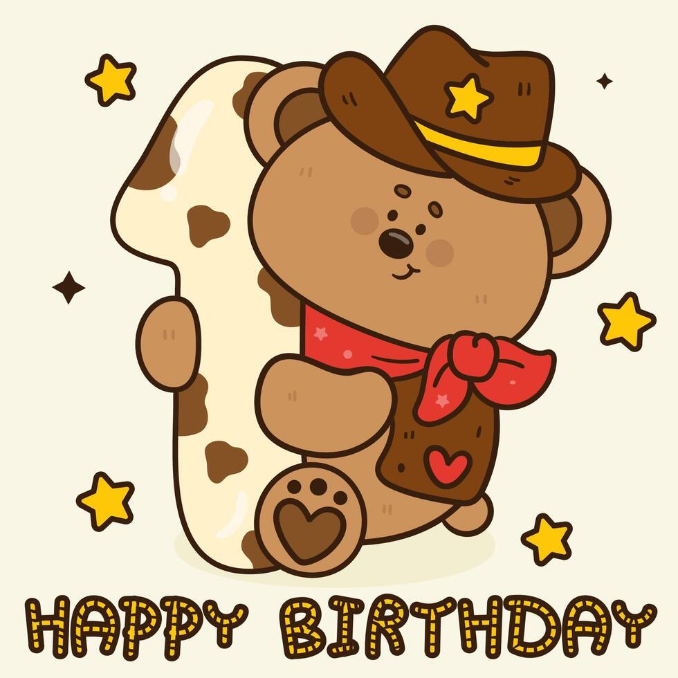 Birthday Anniversary Numbers one with Cute Cowboy Teddy Bear Kawaii Cartoon Groovy style for Party Invitation Card vector