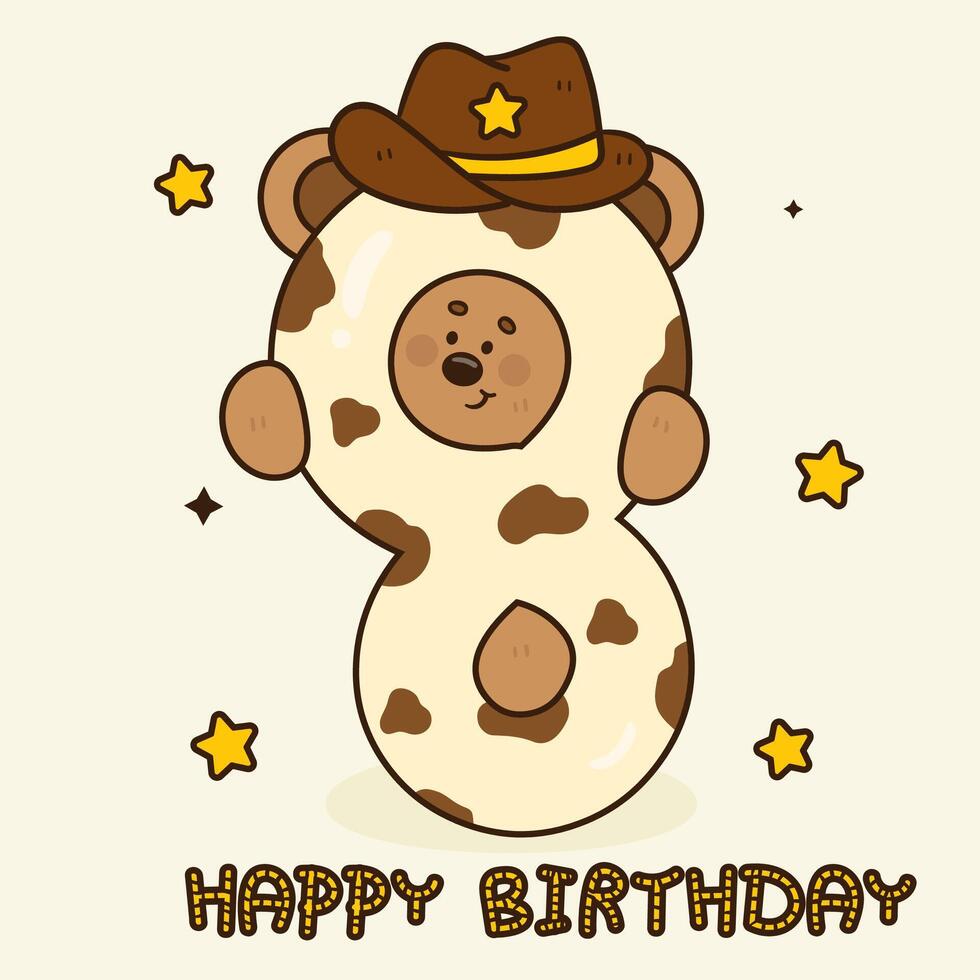 Birthday Anniversary Numbers eight with Cute Cowboy Teddy Bear Kawaii Cartoon Groovy style for Party Invitation Card vector