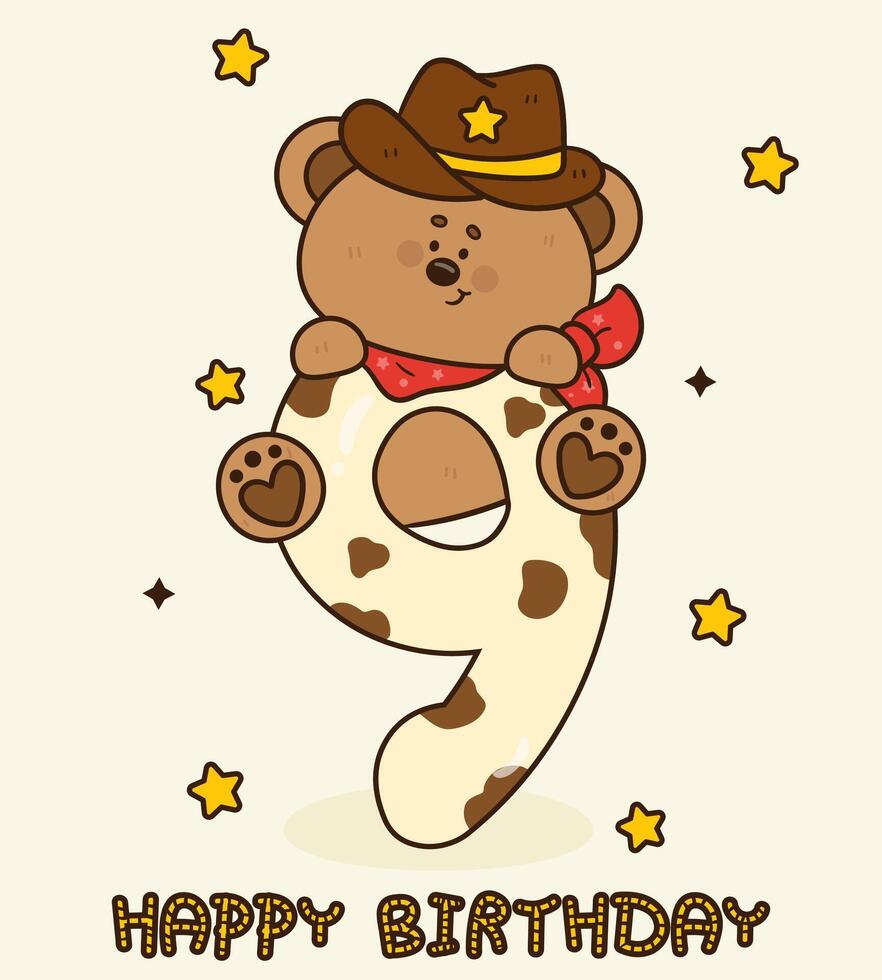 Birthday Anniversary Numbers 9 with Cute Cowboy Teddy Bear Kawaii Cartoon Groovy style for Party Invitation Card vector
