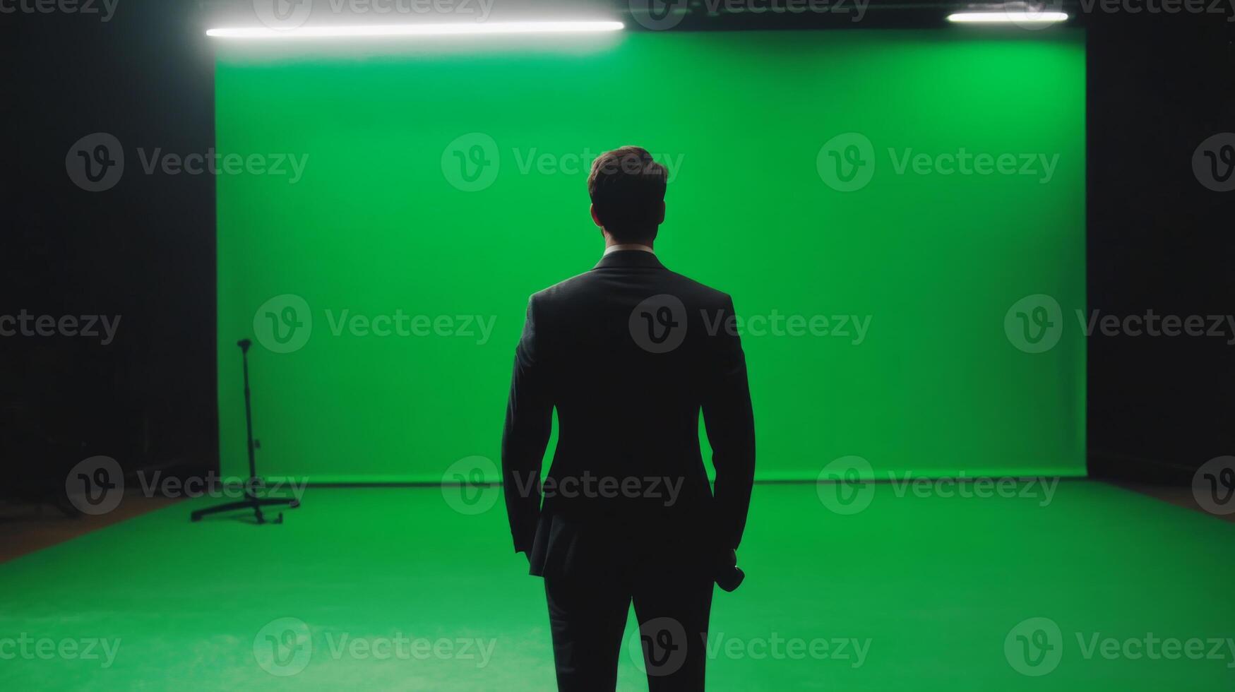 A Man in a Suit Standing Before a Green Screen in a Studio photo