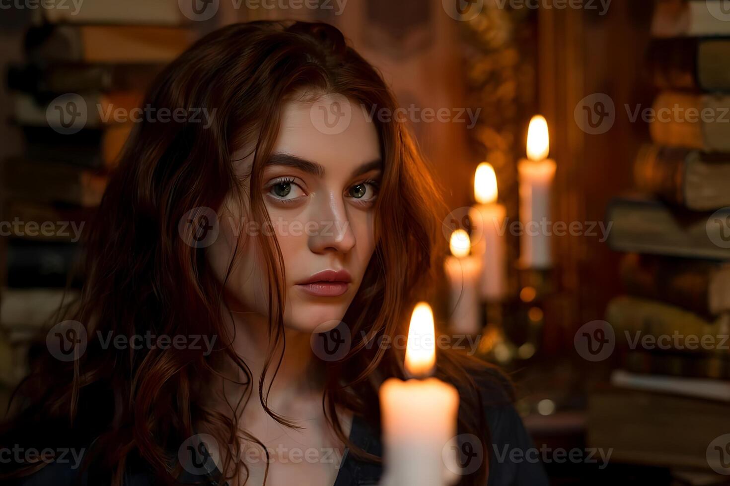 Contemplative woman amidst flickering candlelight and aged tomes in a moody ambiance photo