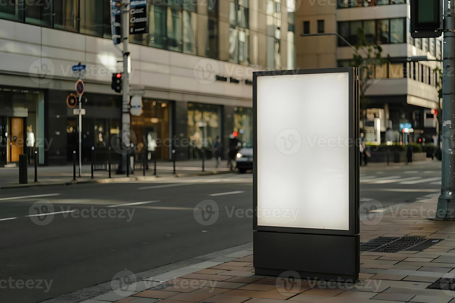 Blank illuminated advertising panel in an urban street scene in broad daylight photo