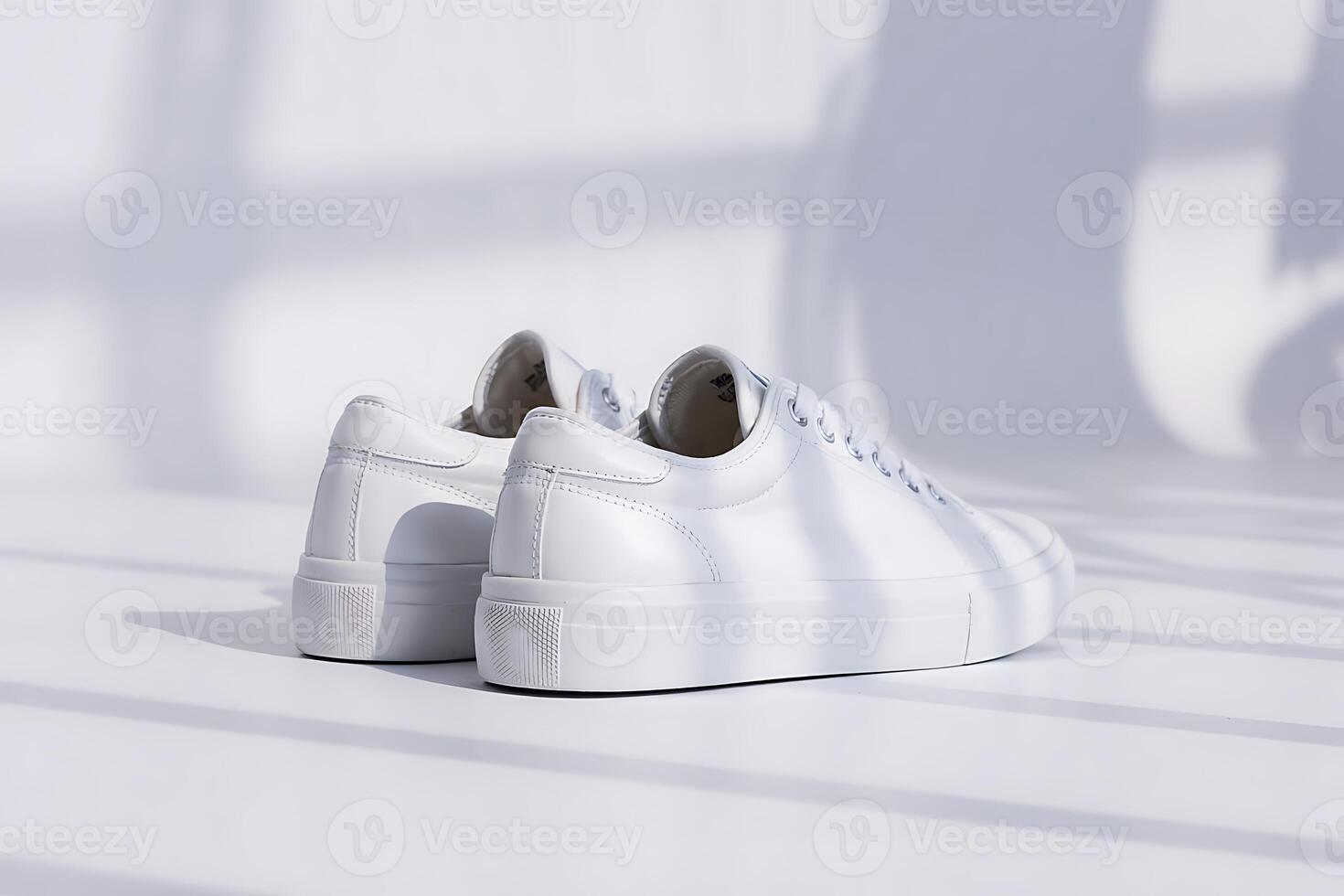 Crisp white sneakers on a minimalist backdrop with subtle shadows and clean lines photo