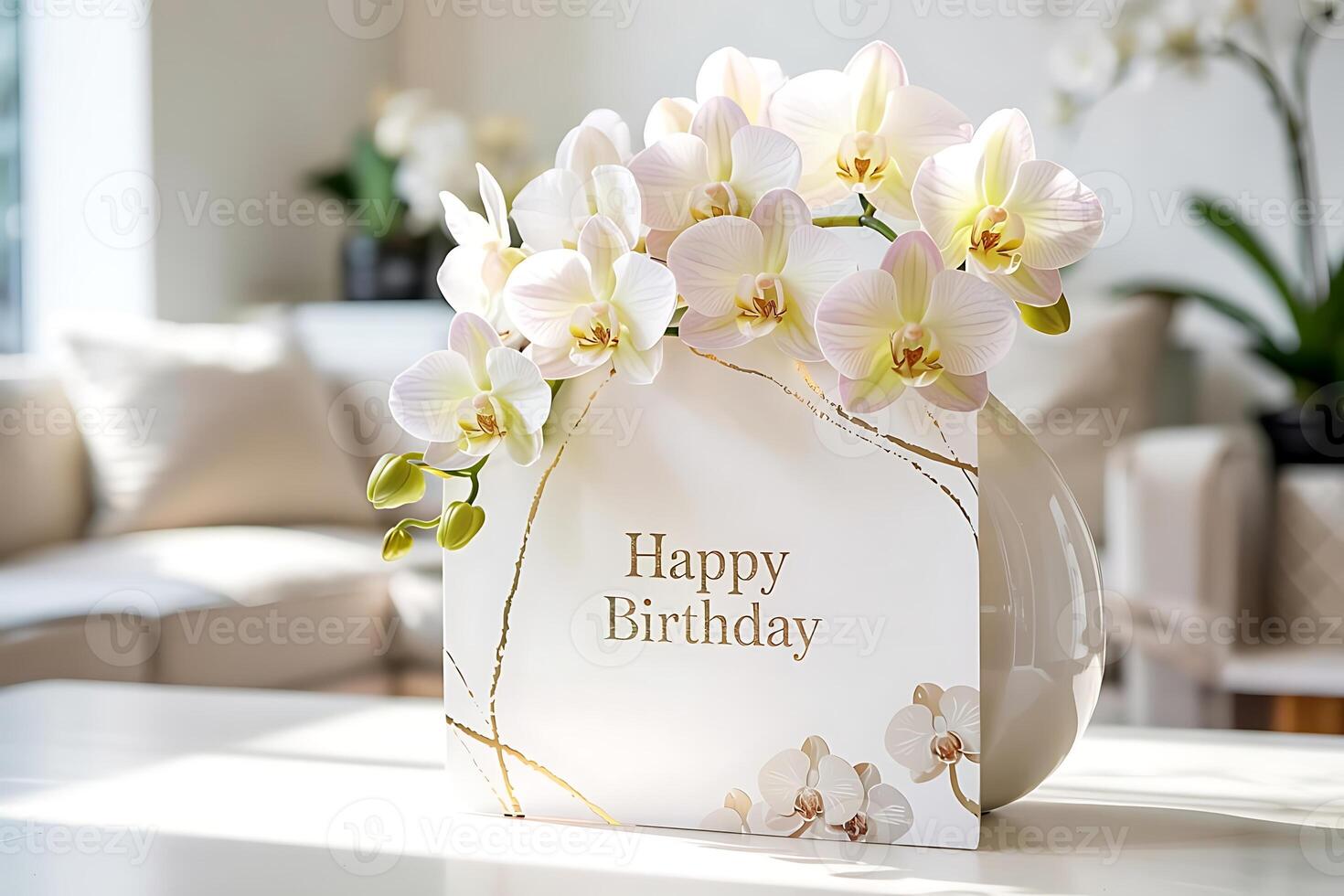 Elegant birthday greeting orchids and heartfelt wishes in a serene setting photo