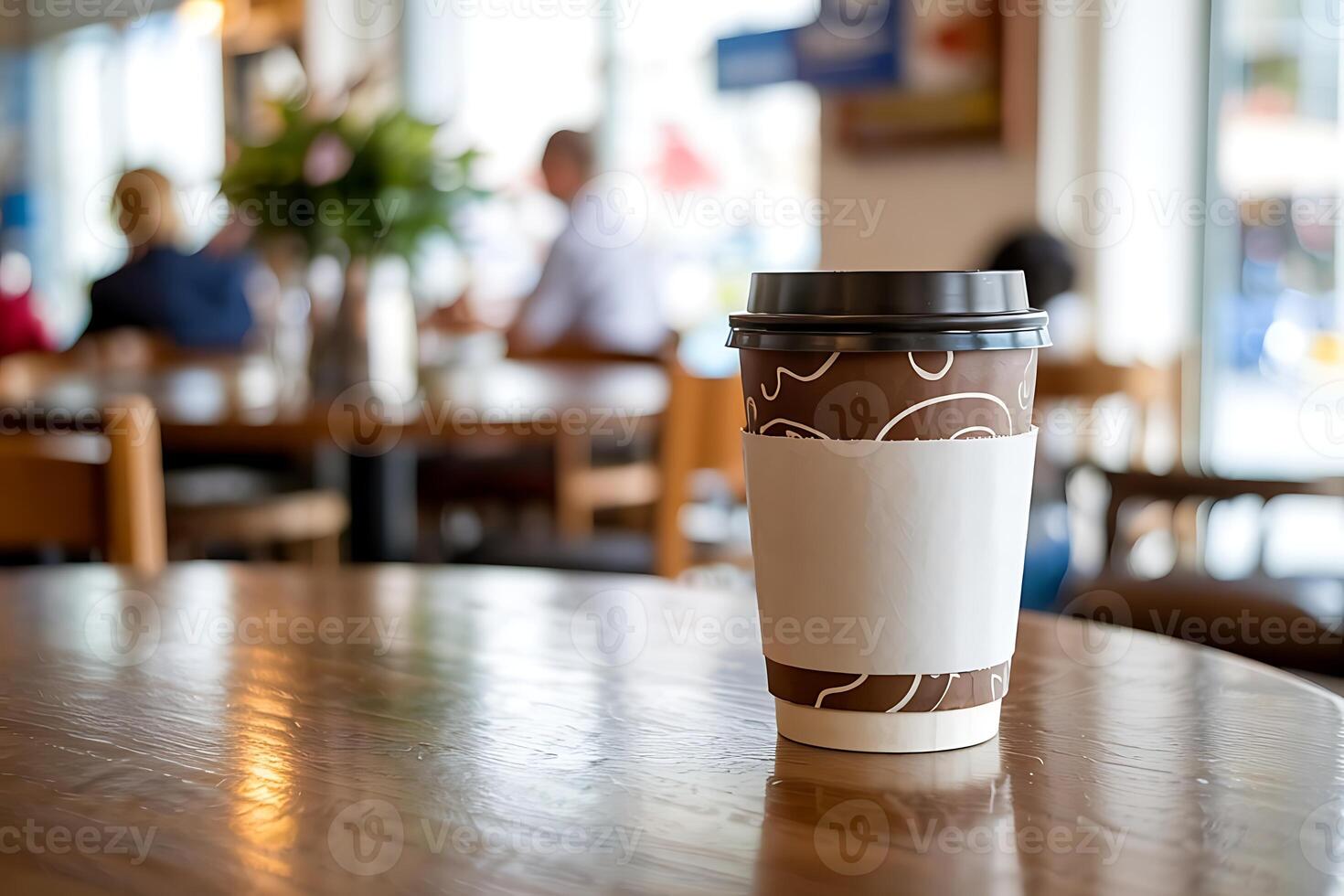 Relaxing moment with takeaway coffee cup in a cafe setting with warm lighting photo