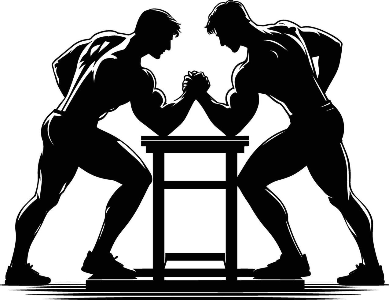 Two men are arm wrestling in silhouette vector