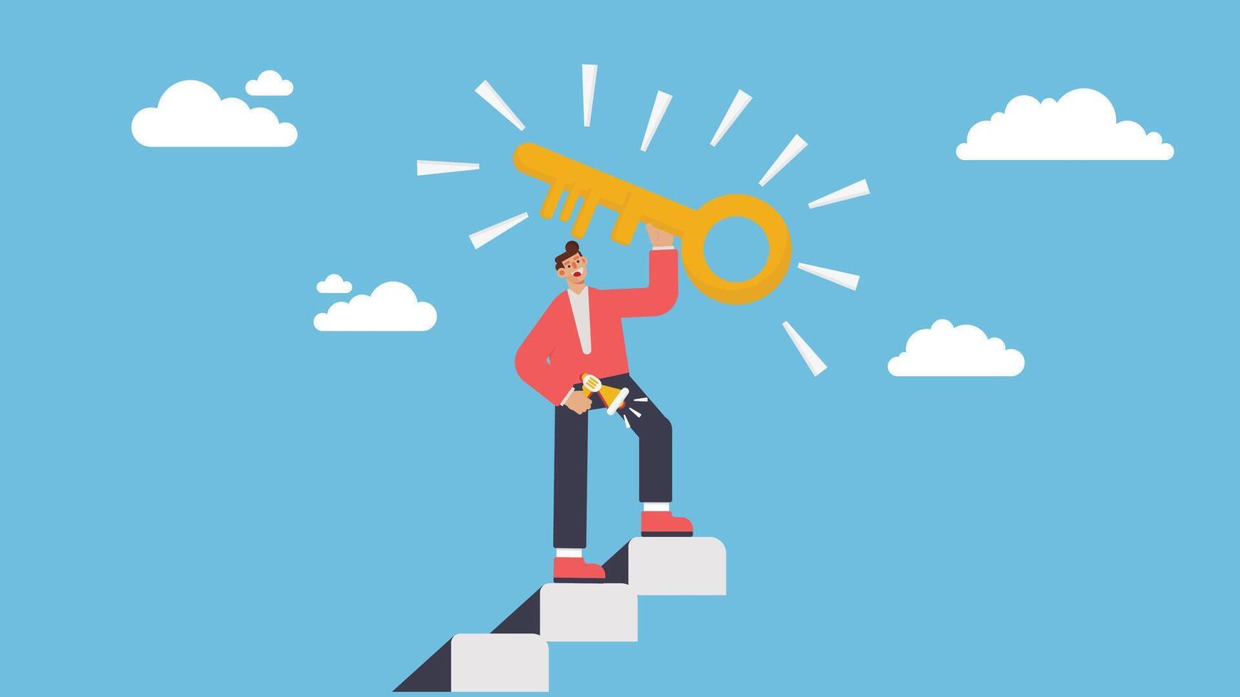 Key to business success, stairway to find secret key or achieve career target concept, businessman winner walk up to top of stairway lifting golden success key to the sky vector
