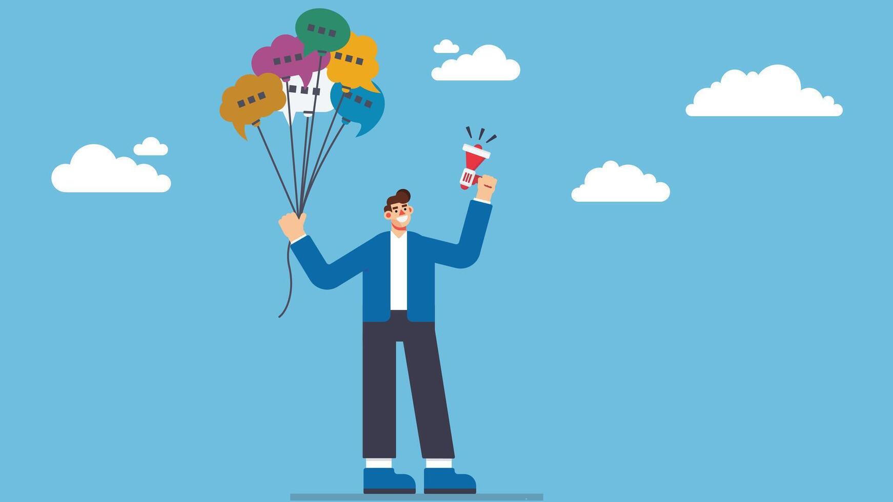 Communication or PR, Public Relations manager to communicate company information and media, announce sales or promotion concept, businessman holding speech bubble balloons while talking on megaphone vector