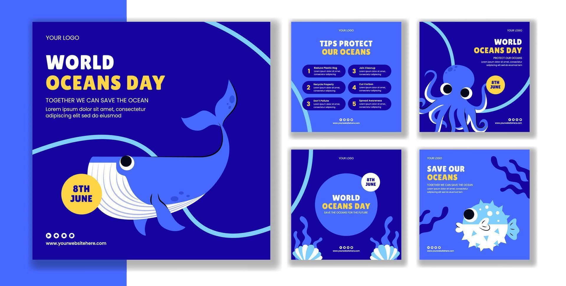 World Oceans Day Awareness Post with Flat Style Cartoon Background vector