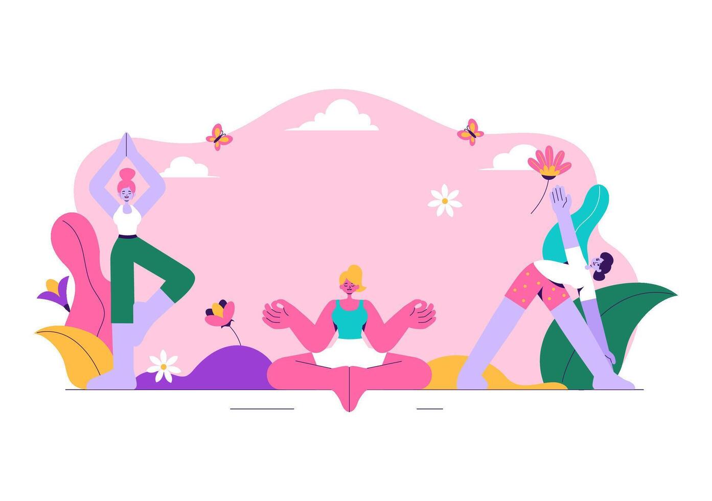 Peaceful Yoga Practice Scene in Cartoon Flat Background for Yoga Day June 21 vector