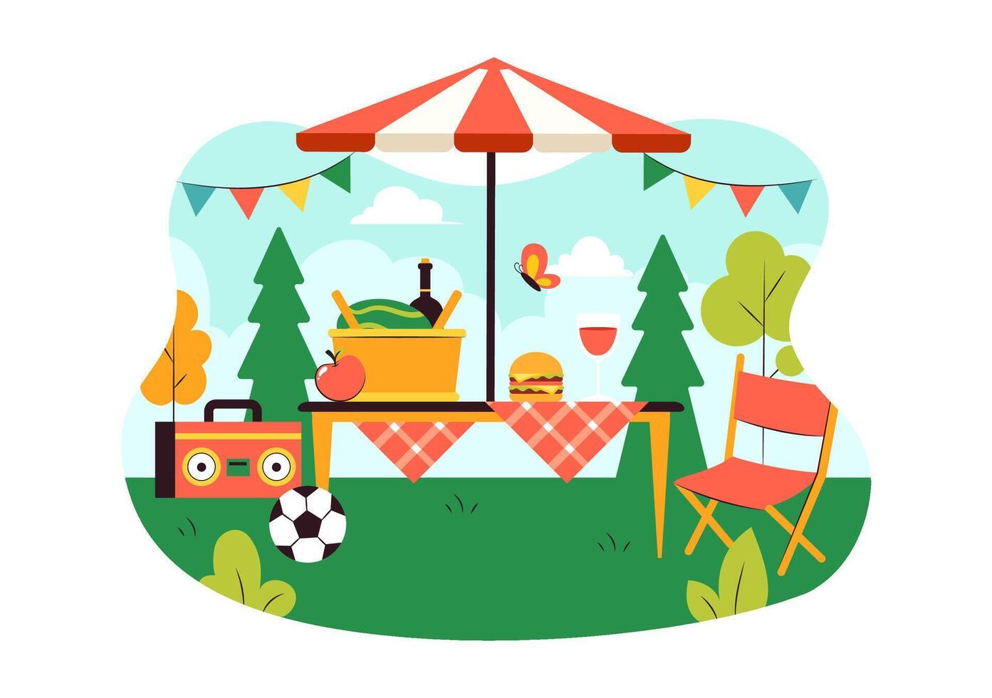 Picnic Day Celebration with Food Basket and Table in the Park vector