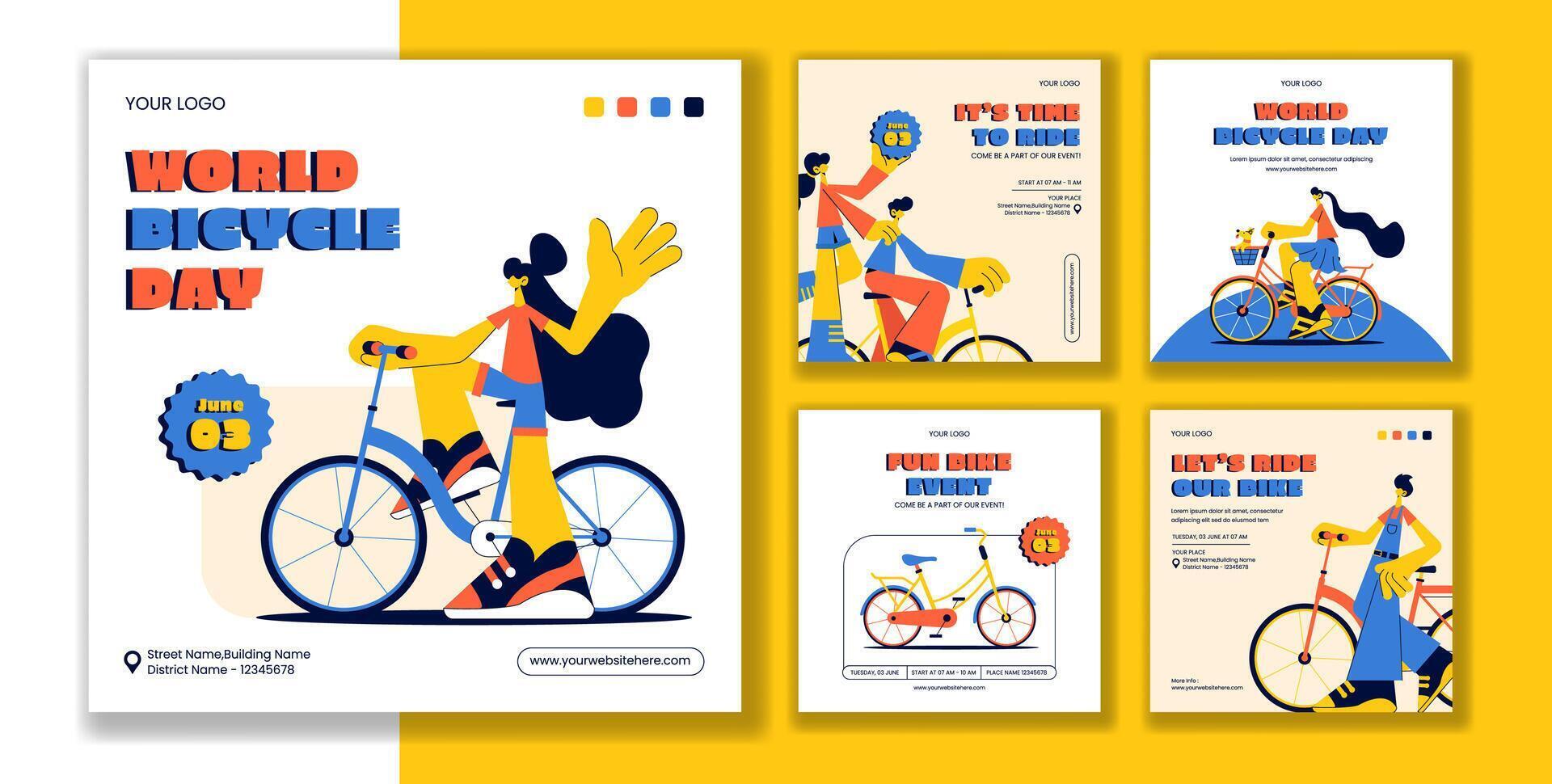 World Bicycle Day Flat Illustration with Social Media Post Template and Hand Drawn Background vector