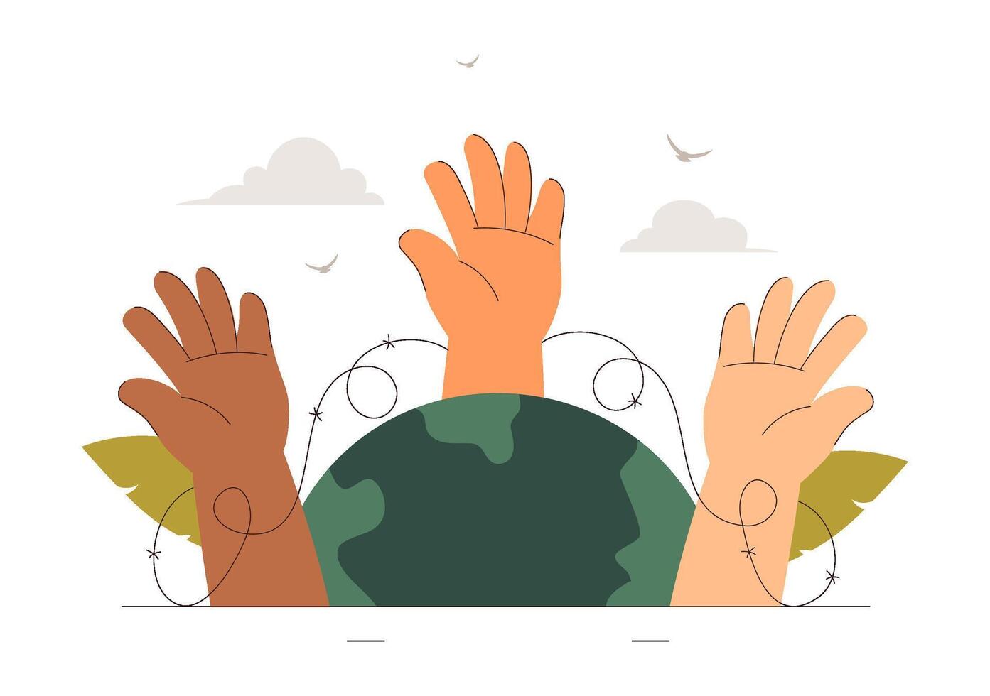 of Displaced Family Passing a Wire Fence on Refugee Day vector