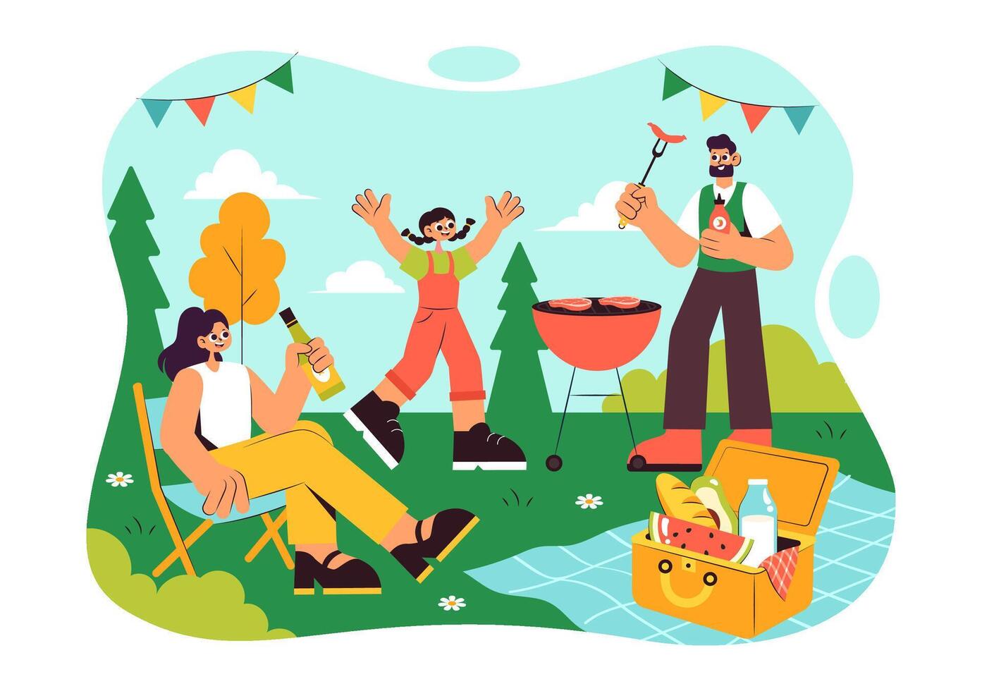 Flat Cartoon Family Enjoying Picnic Outdoors on a Sunny Summer Day vector