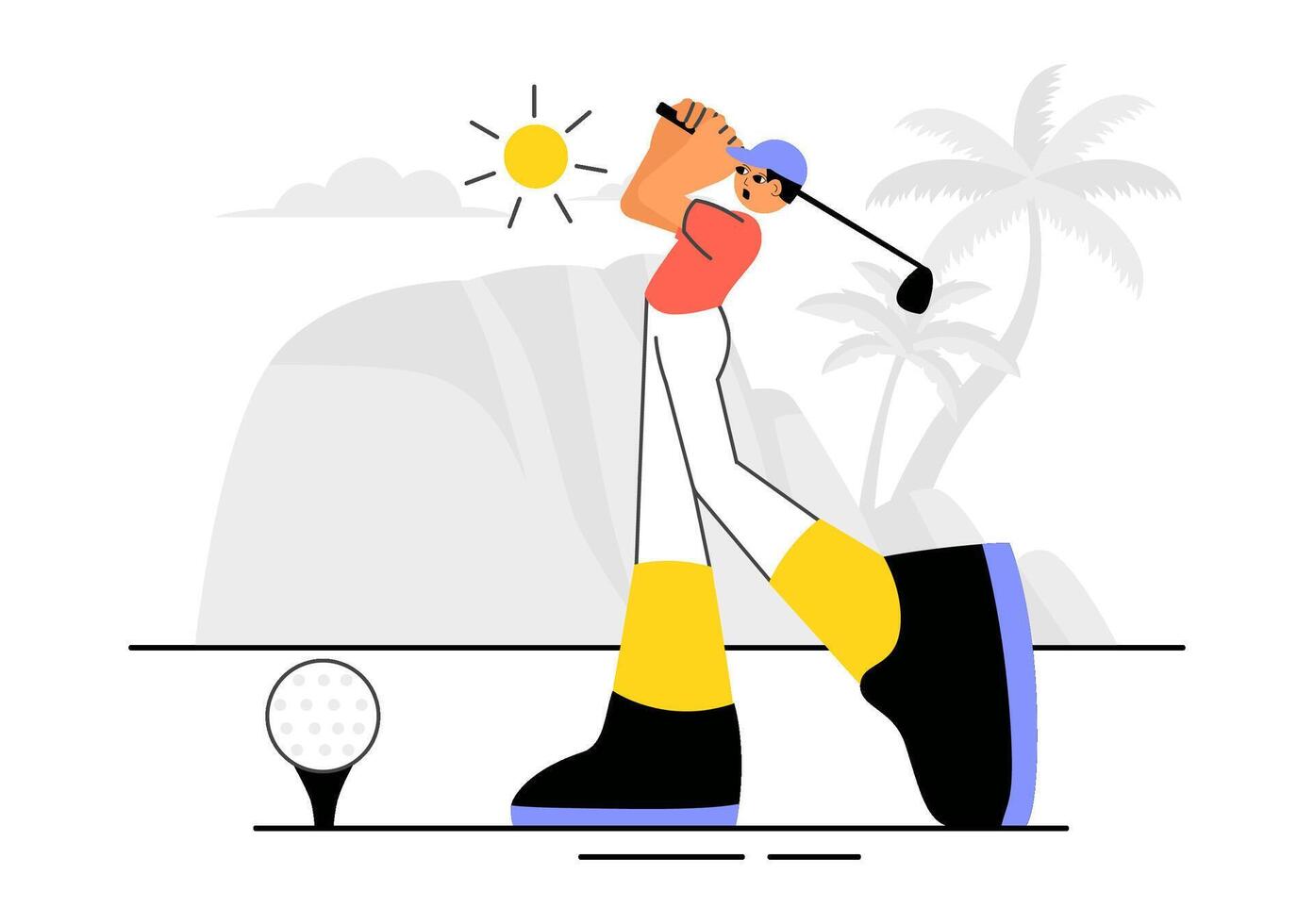 Golf Field Illustration with Flag, Sand Bunker, and Leisure Cart in Flat Design vector