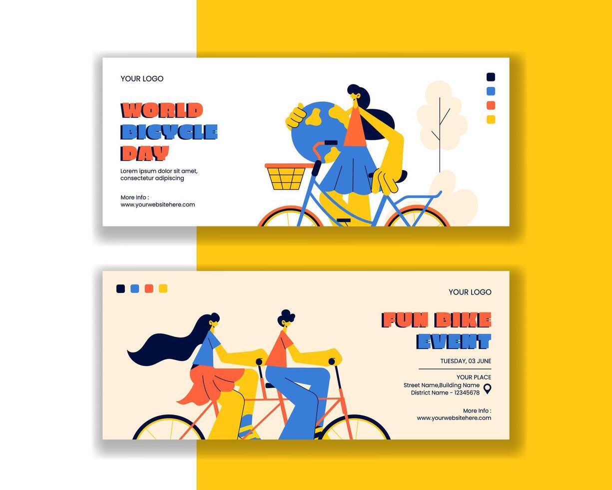 World Bicycle Day Creative Horizontal Banner Layout with Cartoon Background Elements vector