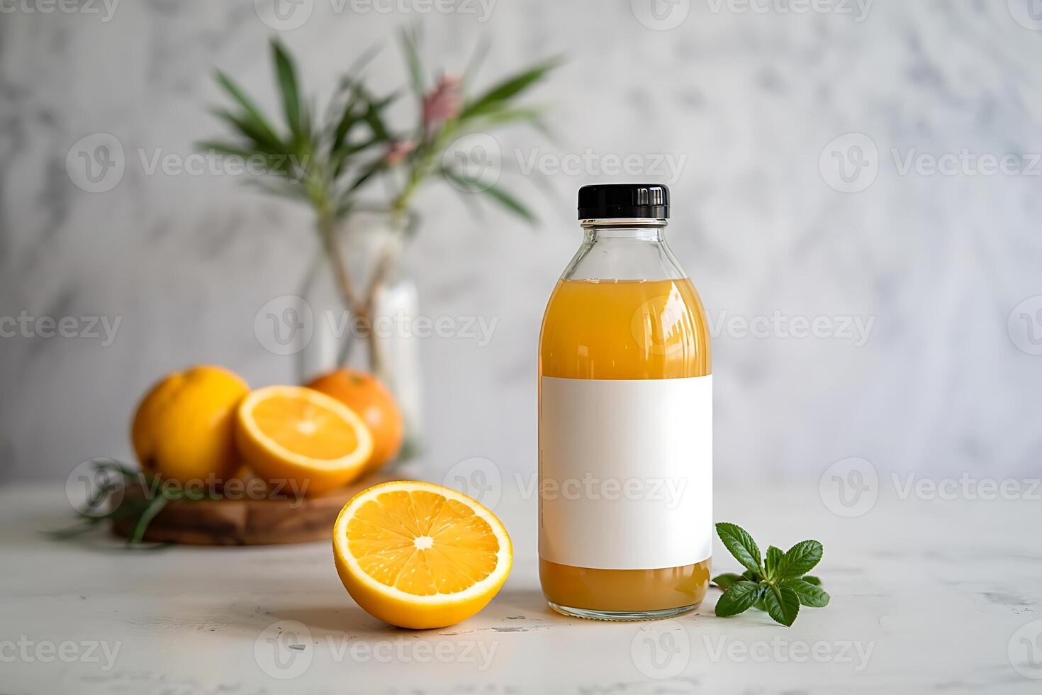 Freshly squeezed orange juice in a bottle with blank label for branding concept photo