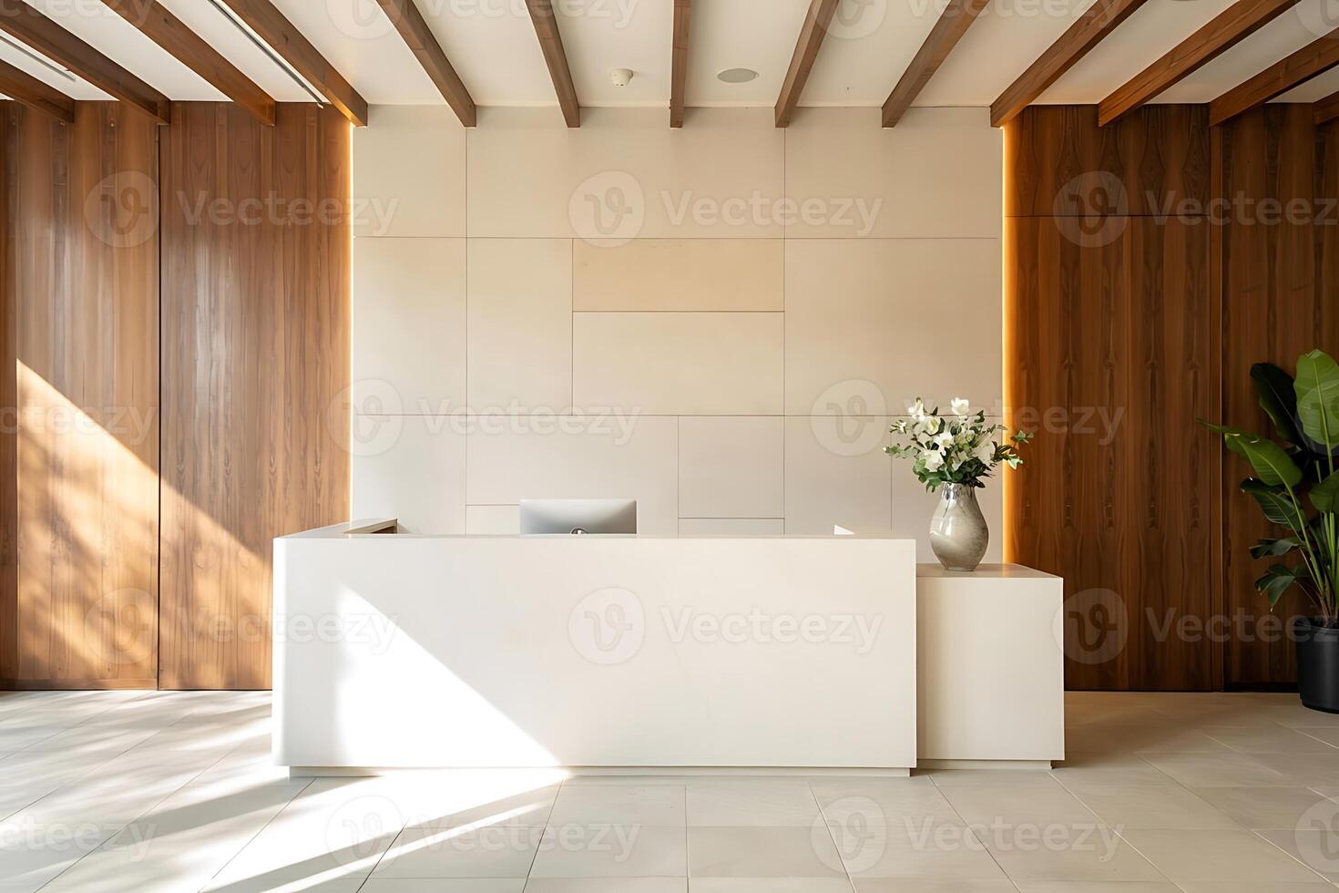 Serene and sophisticated lobby reception area with minimalist design elements photo