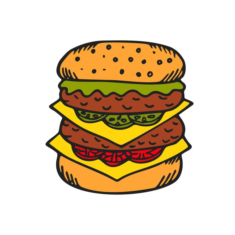 Hand Drawn Hamburger Isolated on White Background. Doodle Bright Colorful Burger. Hamburger Day Sketch Element. Illustration vector