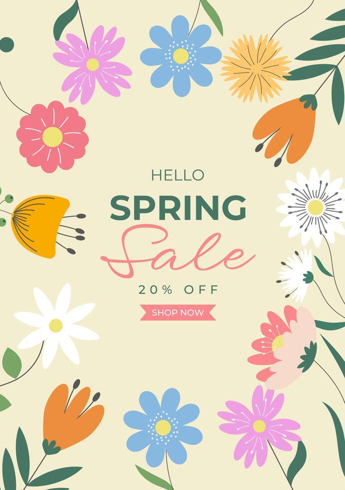 Spring Sale Banner with Hand Drawn Flowers, Badge Typography Icon. Lettering Spring Season with Sale Text Design For Greeting Card, Invitation Template. Modern Lettering Banner Poster Template, Sale. vector