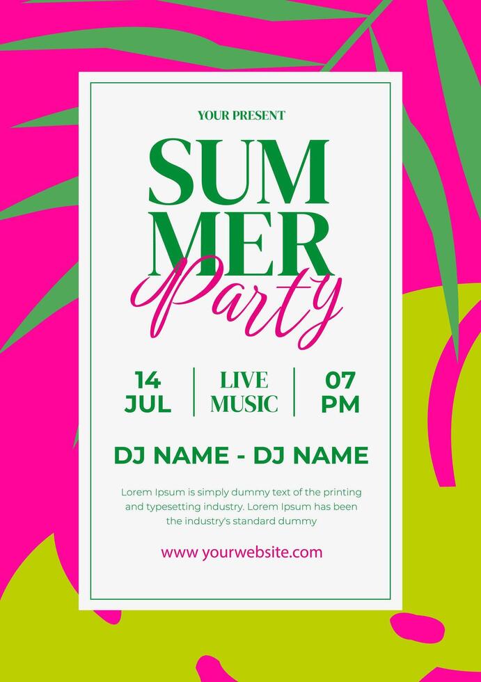 Colorful Summer Party Poster with Tropical Bright leaves and Trendy Typography. Summertime beach background Colorful Summer Party. Summer Festival Banner Template, Sale, Website, Add, Social Media. vector