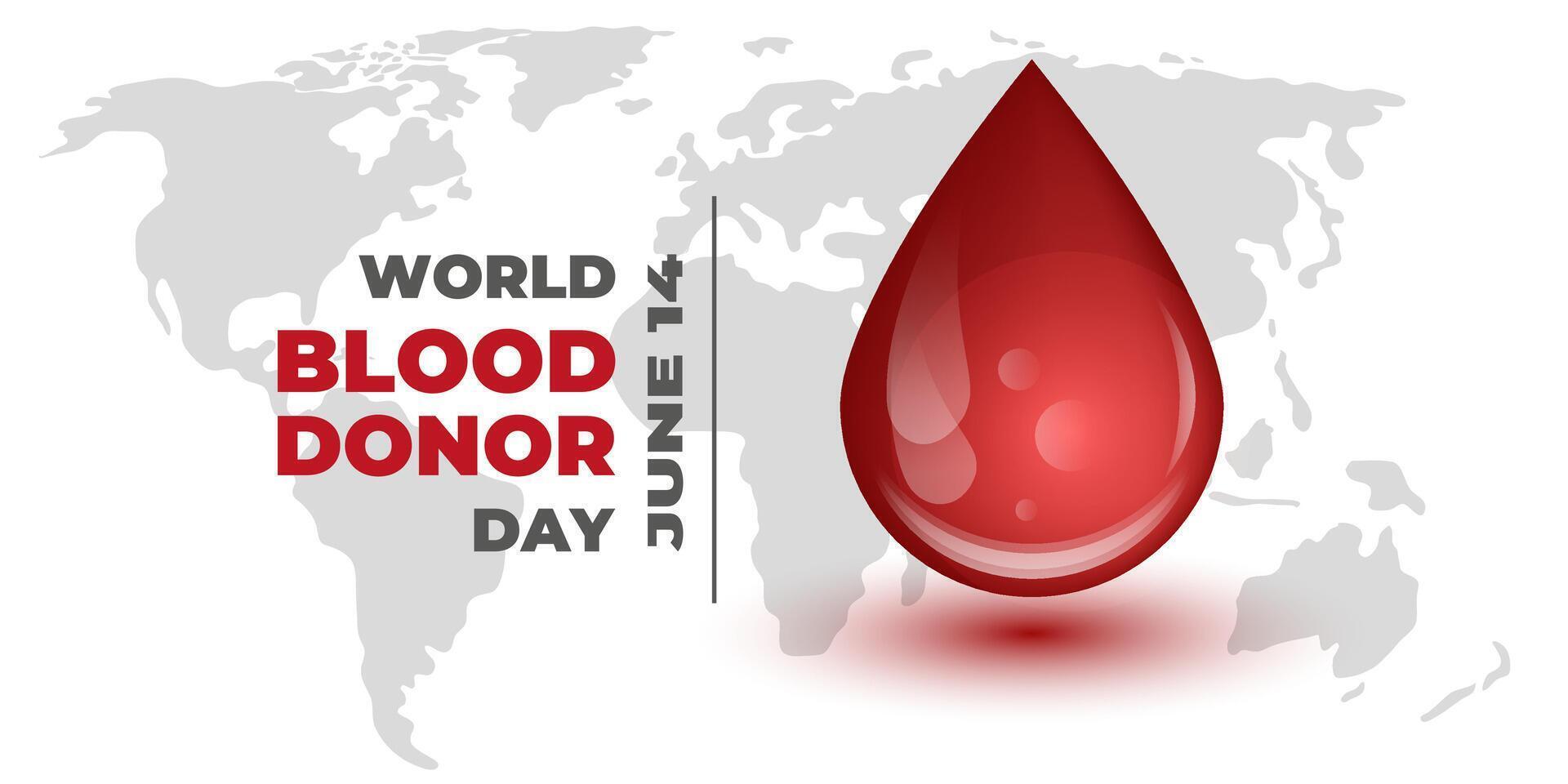 World Blood Donor Day Background, June 14 Every Year. Blood Donor Day Banner with Drop and World Map and Modern Typography. Donate Blood to Save Lives Around the World. Illustration. vector