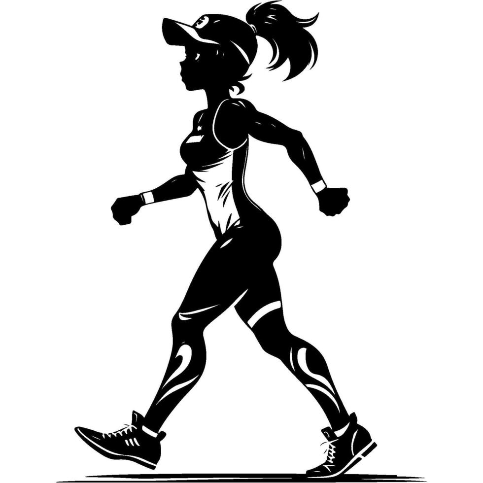 Slender dark skinned girl walks with an easy step in tight sportswear after jogging in monochrome. Engraving minimalistic image in black ink drawing on white background vector