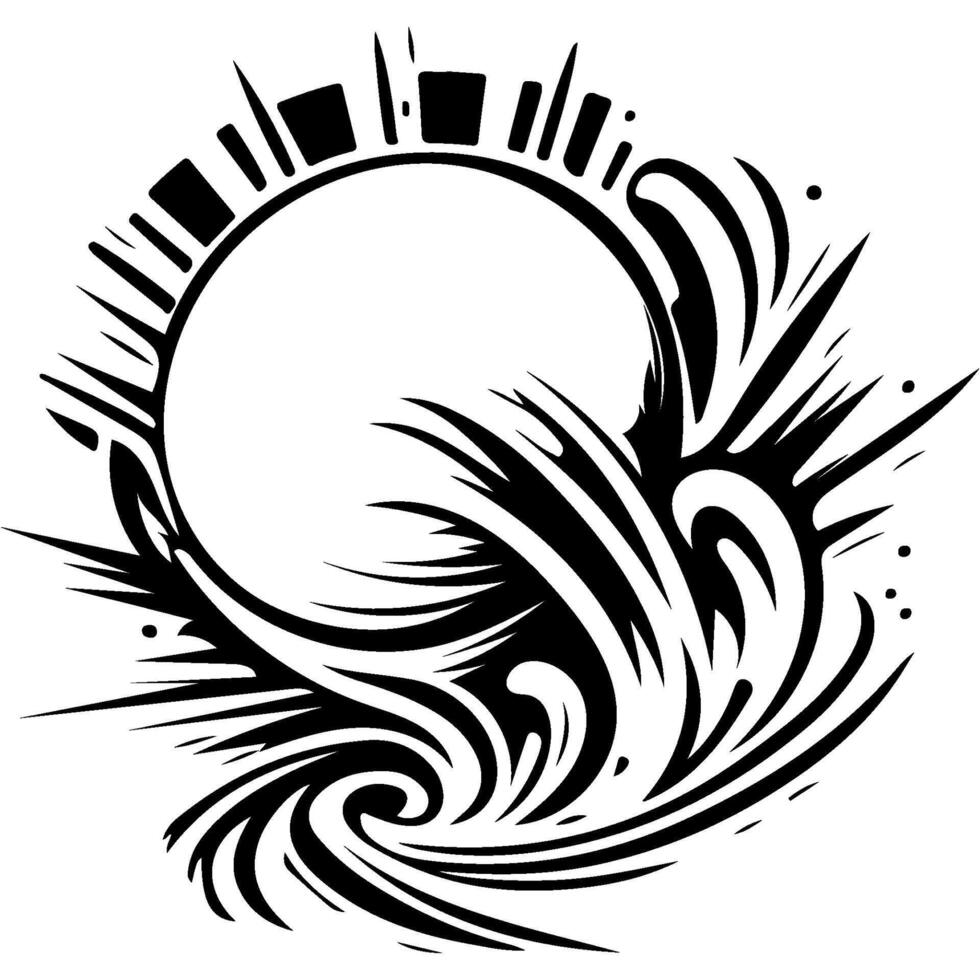 Sport emblem of sports ball kicking up sand on desert dune in monochrome. Engraving minimalistic image in black ink drawing on white background vector